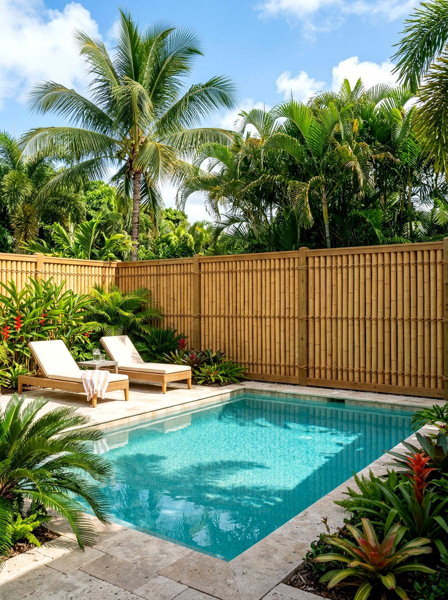 Bamboo privacy fence - 30 tropical pool landscaping ideas