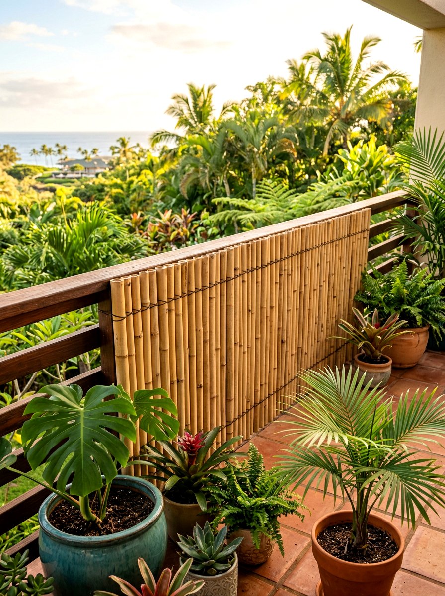 Bamboo privacy fencing roll - 30 apartment patio entertaining ideas