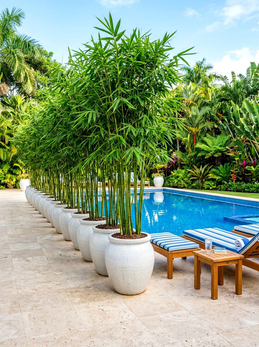 Bamboo privacy hedge in pots - 30 privacy planter screen ideas
