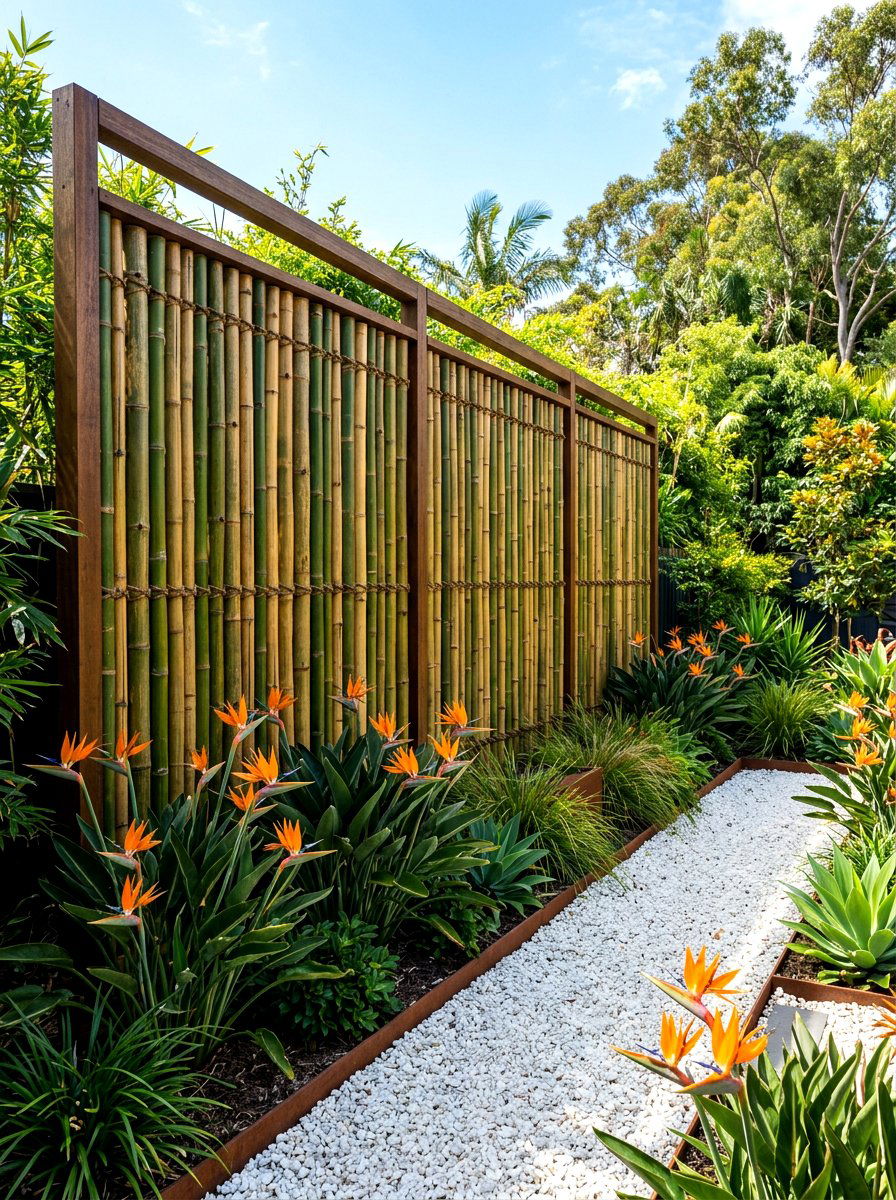 Bamboo privacy screen - 30 tropical backyard landscaping ideas