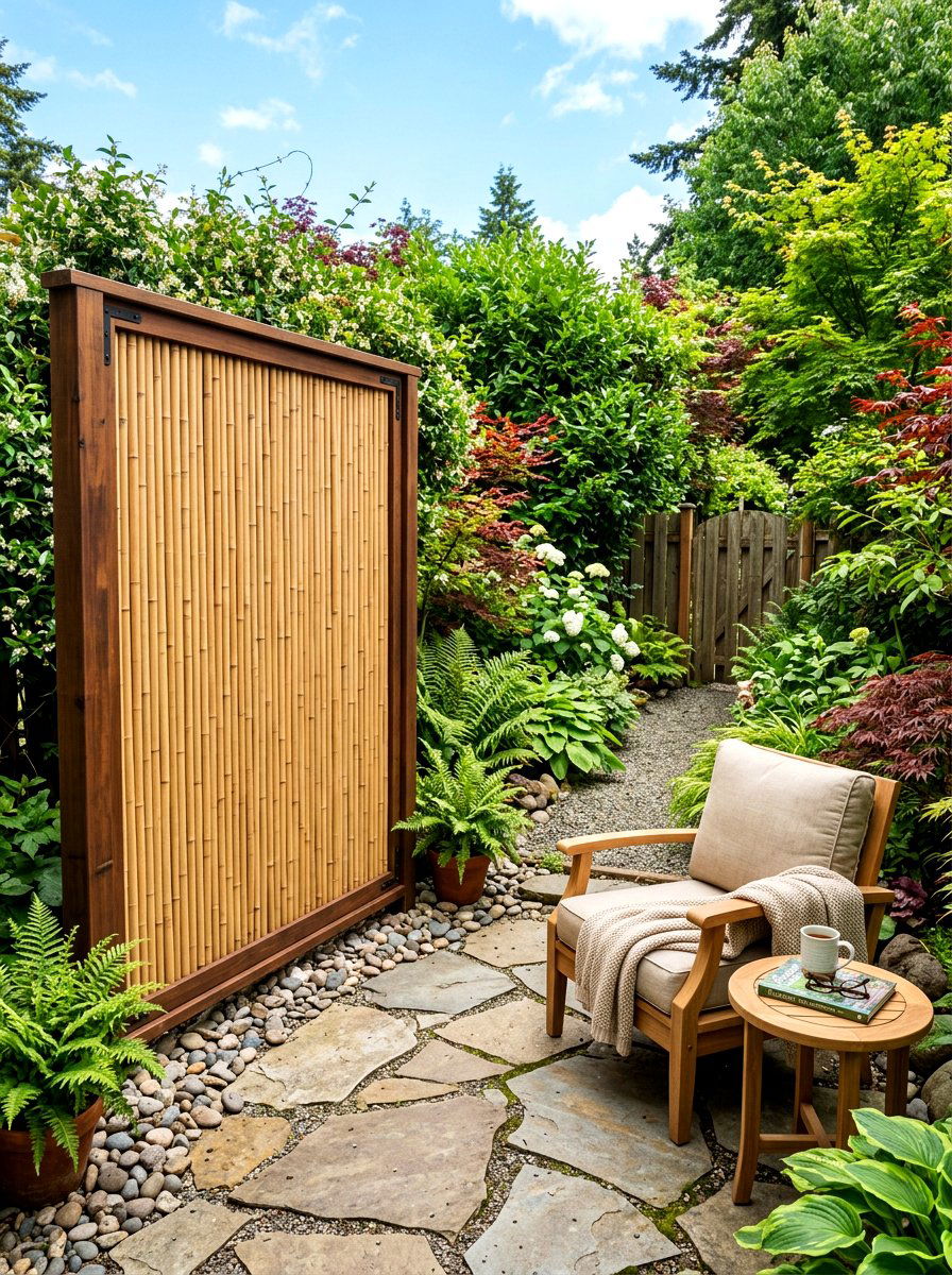 Bamboo privacy screen panel - 30 warm minimalist garden ideas