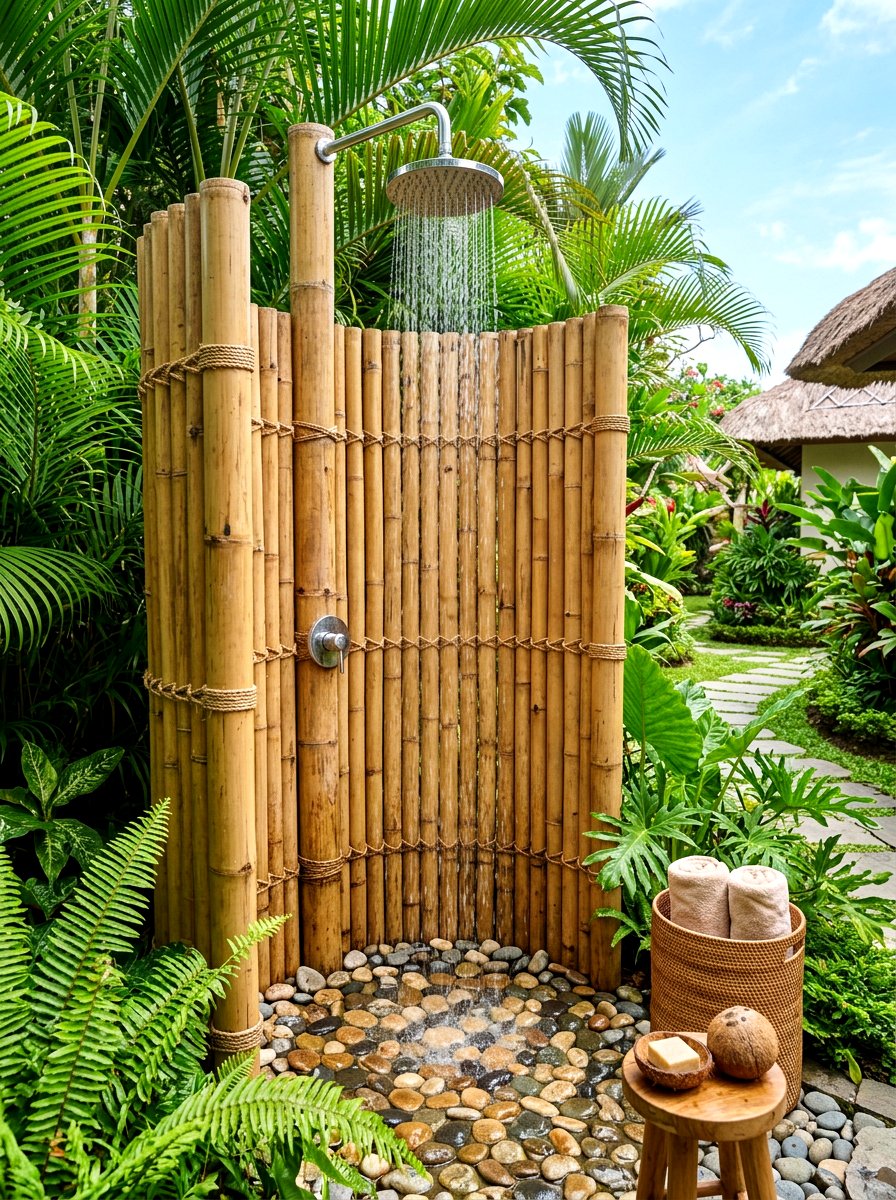 Bamboo privacy screen shower - 30 outdoor shower summer ideas