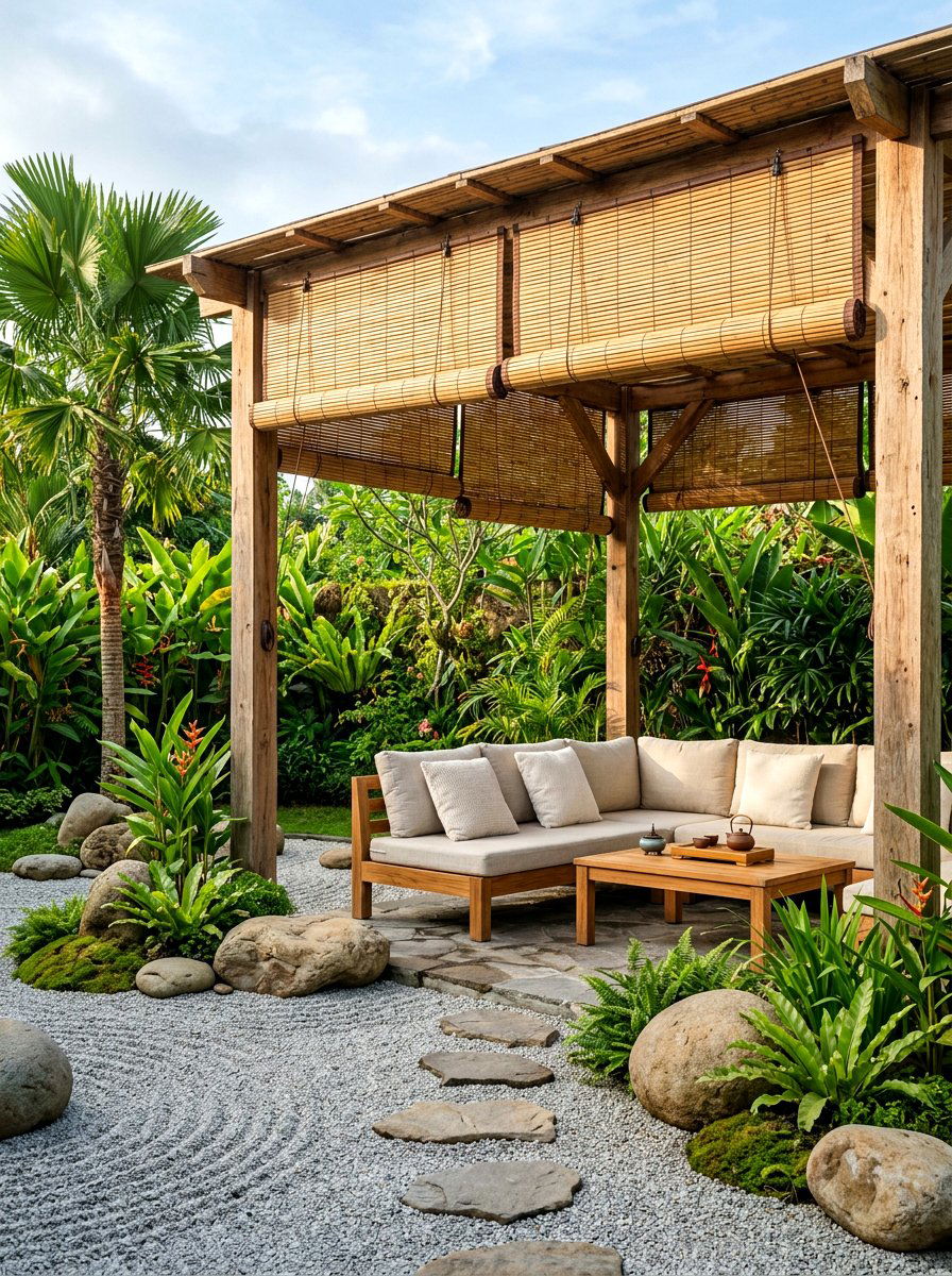 Bamboo roll up shades - 30 pergola curtain ideas