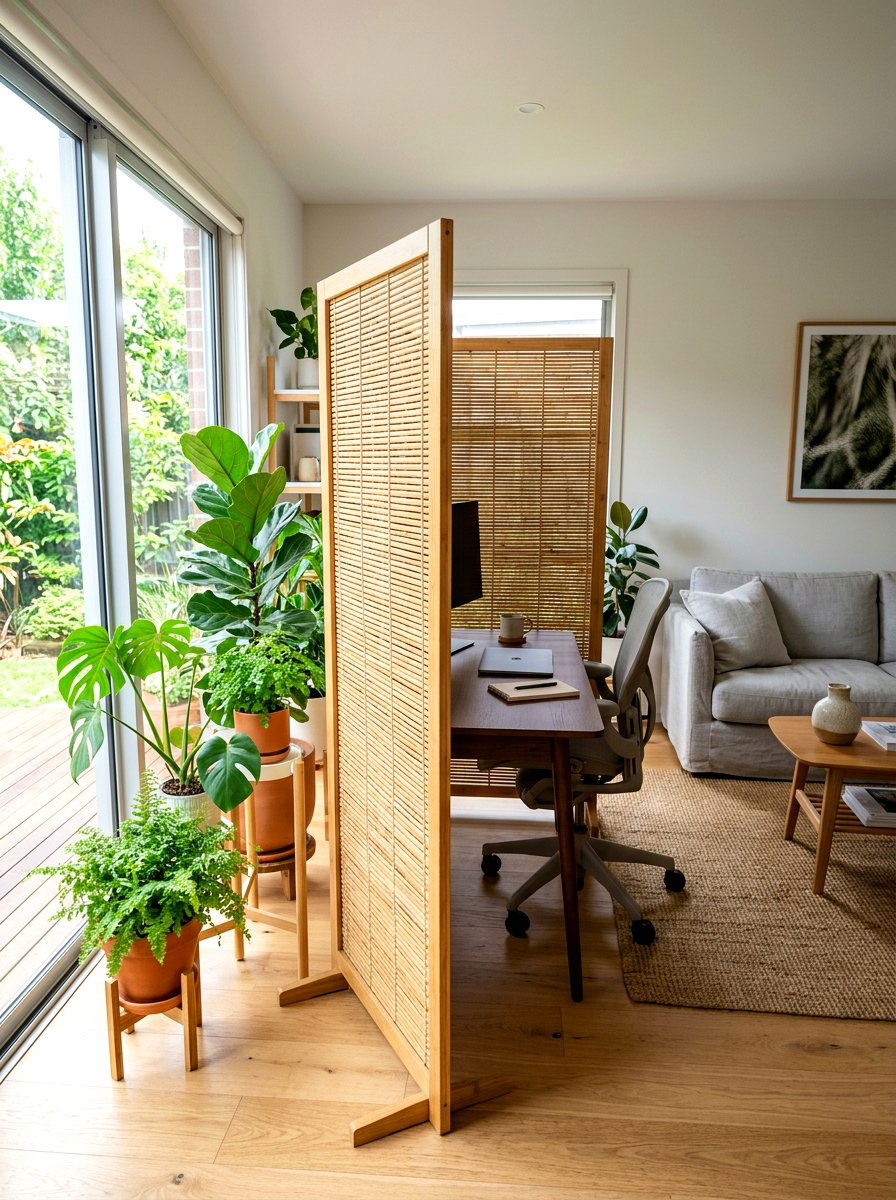 Bamboo room divider - 30 renter friendly home office ideas