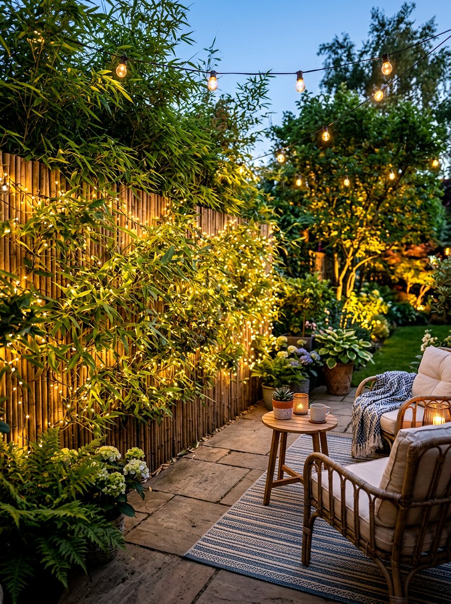 Bamboo screen with fairy lights - 30 bamboo planter screen ideas