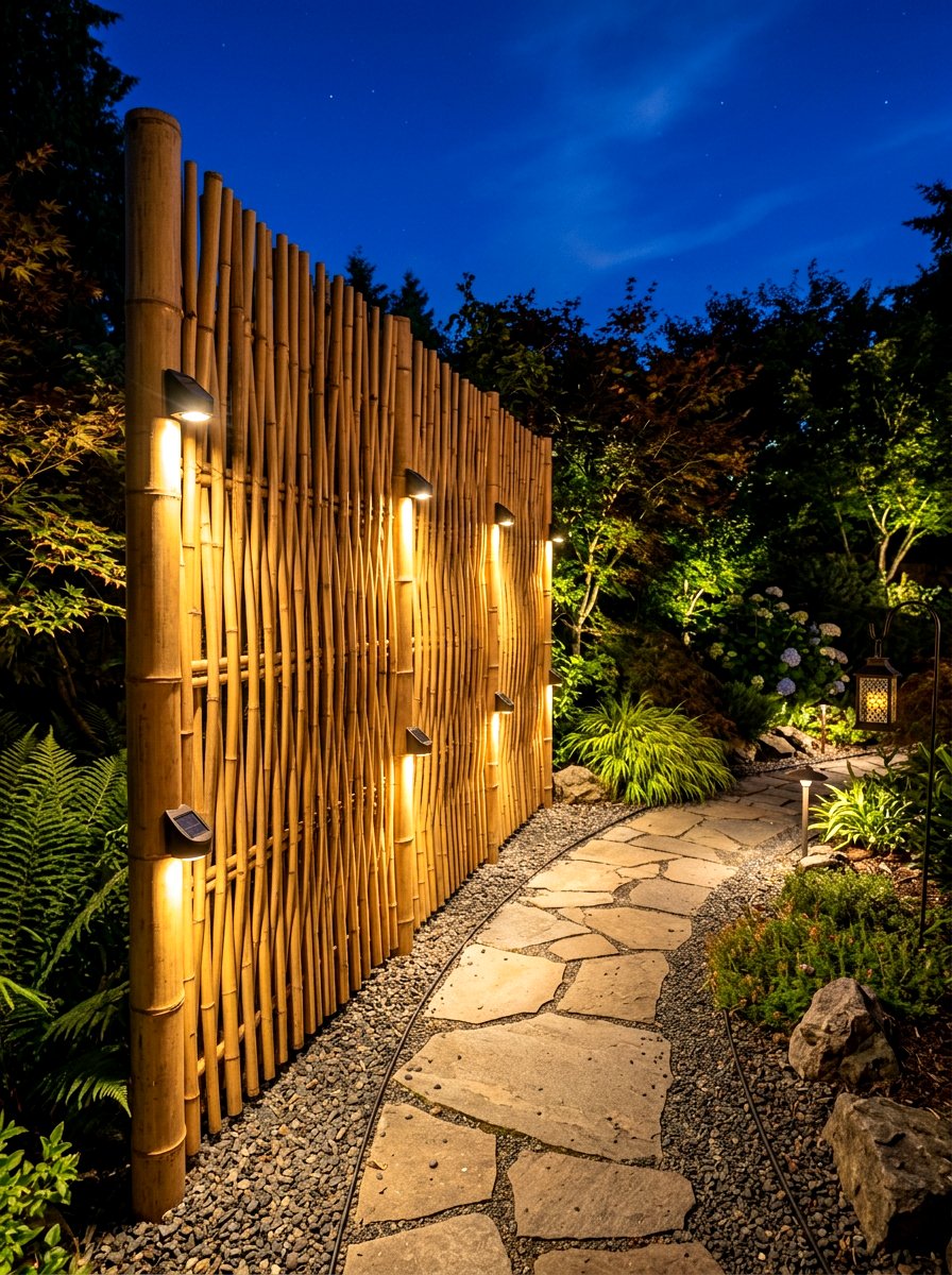 Bamboo screen with solar lights - 30 bamboo planter screen ideas