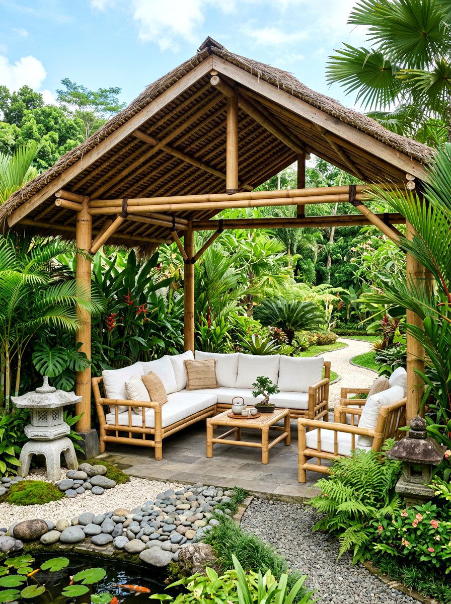 Bamboo seating set - 30 pavilion lounge furniture ideas