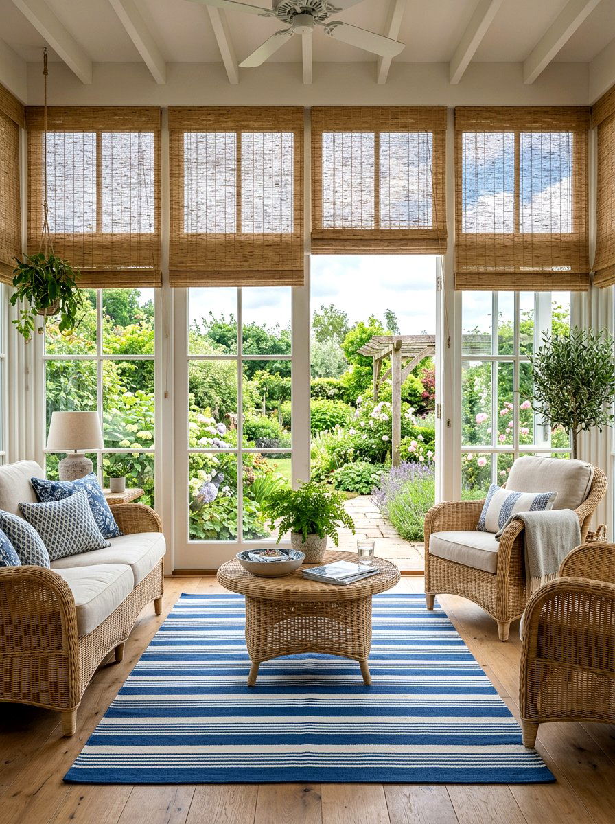 Bamboo shade sunroom window - 30 coastal grandmother decor ideas