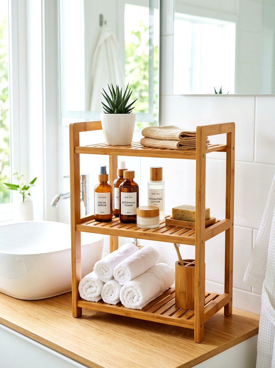 Bamboo shelf organizers - 30 spa shelf styling bathroom ideas