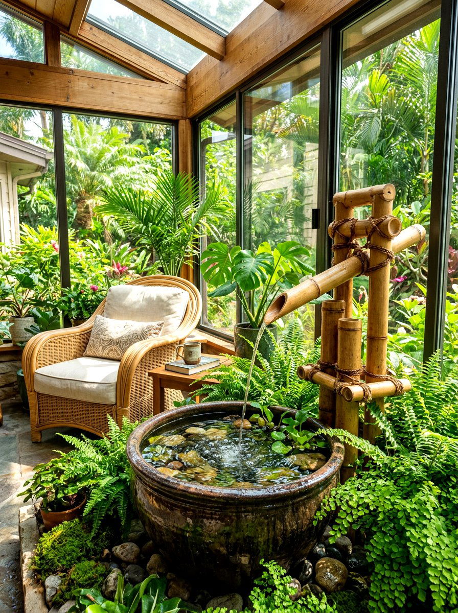 Bamboo spout indoor fountain - 30 indoor fountain decor ideas