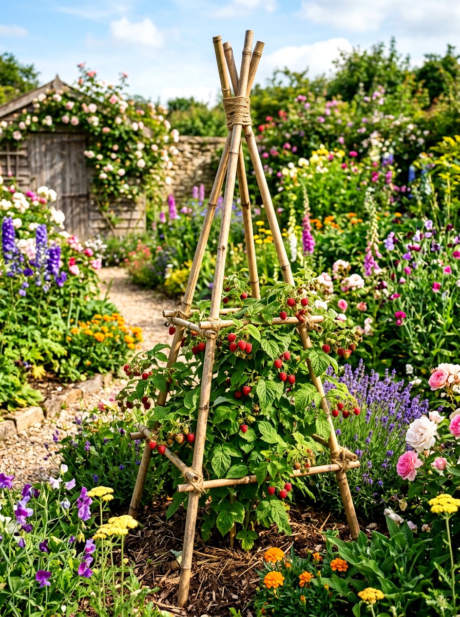 Bamboo stake raspberry trellis - 30 raspberry trellis ideas