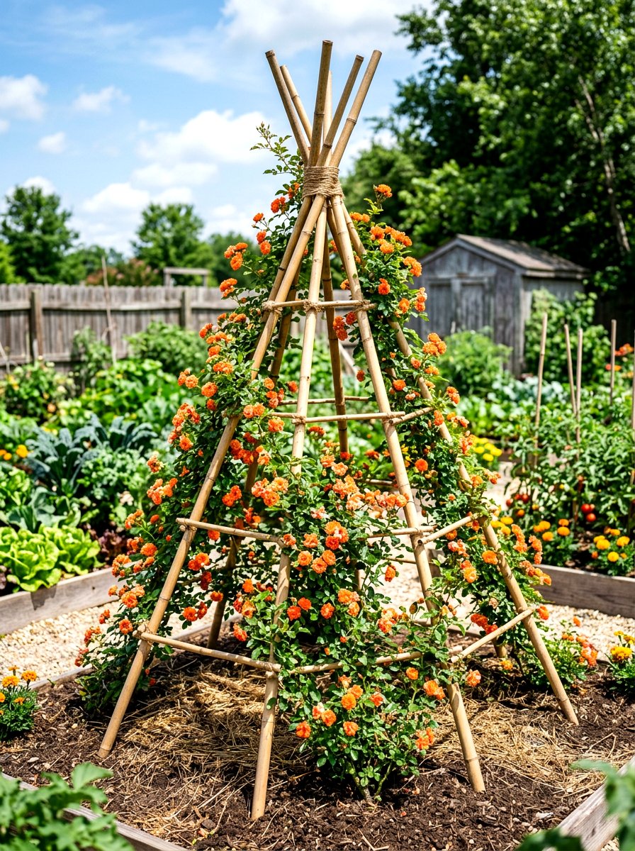 Bamboo teepee frame - 30 climbing rose trellis ideas