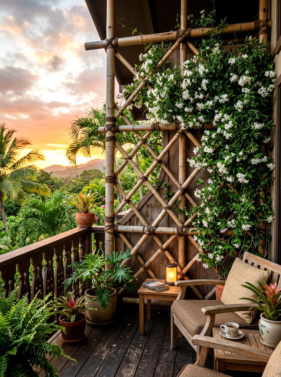 Bamboo trellis climbing plant - 30 balcony planter wall ideas
