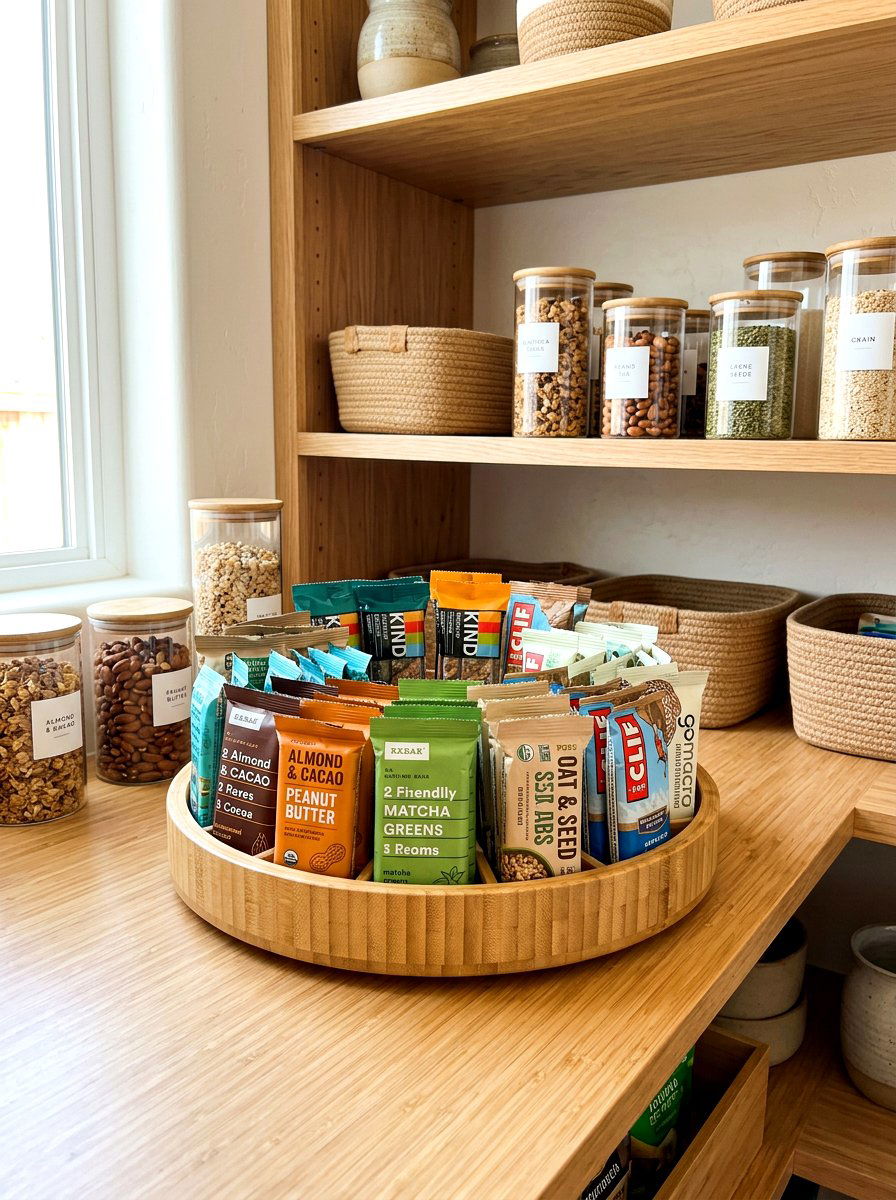 Bamboo turntable for snack bars - 30 lazy Susan pantry ideas