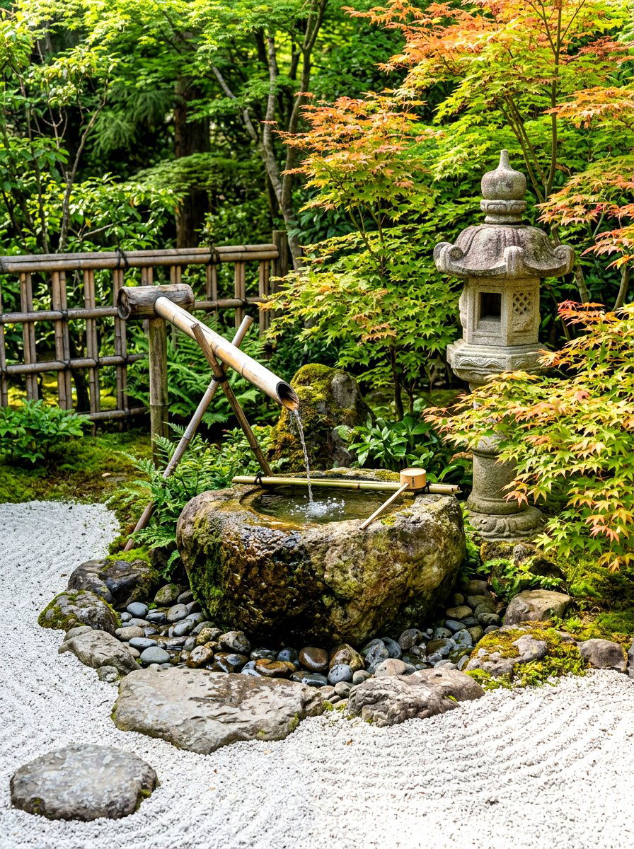 Bamboo water spout - 30 front yard water feature ideas