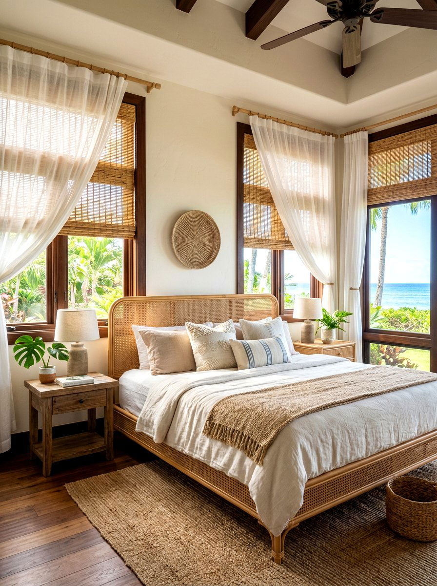Bamboo window shade bedroom - 30 beach cottage bedroom ideas