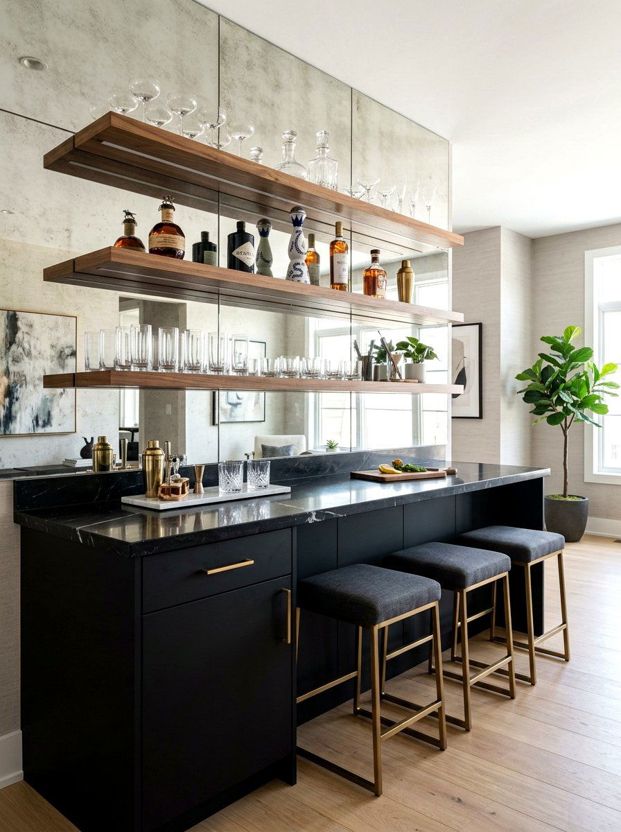 Bar Area Black Cabinetry Wood Shelves - 30 black and wood decor ideas