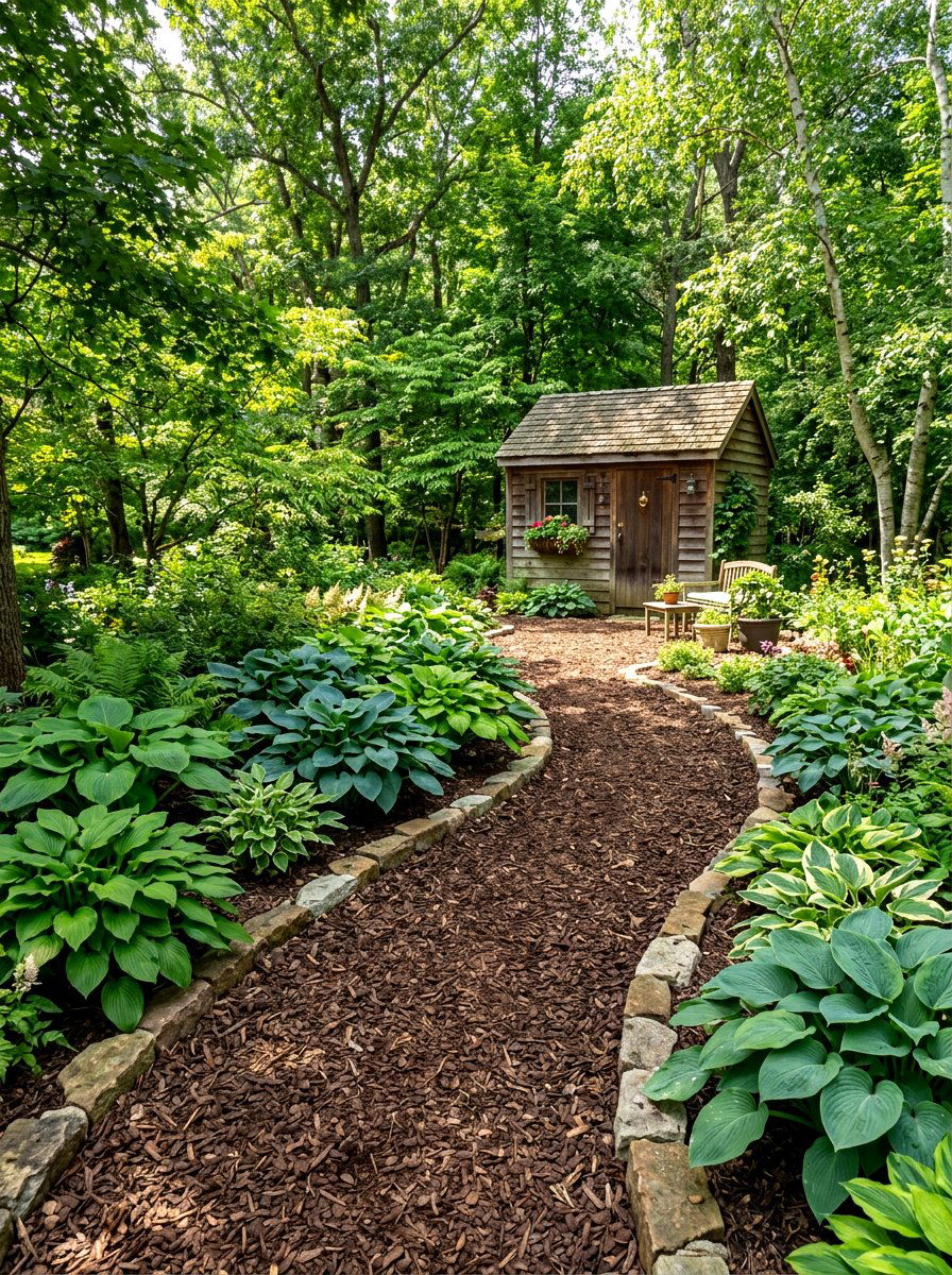 Bark Mulch Garden Path - 30 no grass backyard ideas