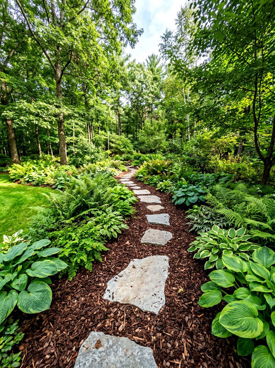 Bark and stone path - 30 stepping stones through grass ideas