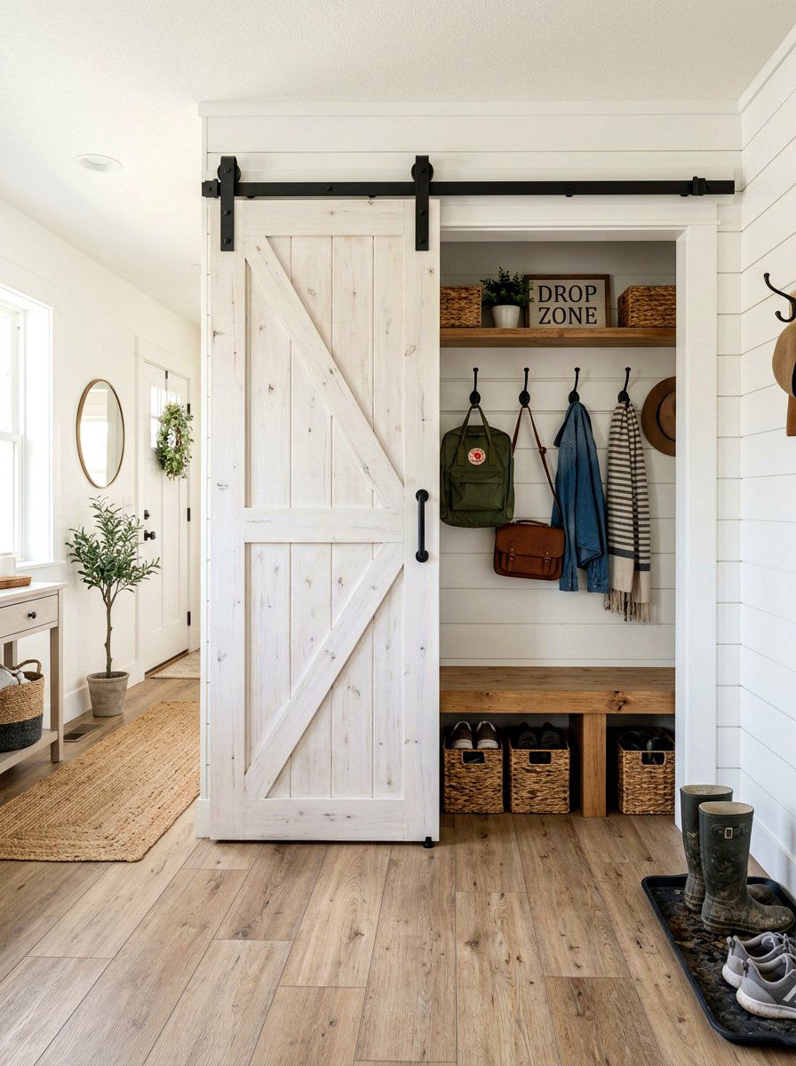 Barn Door Mudroom - 30 backpack drop zone ideas
