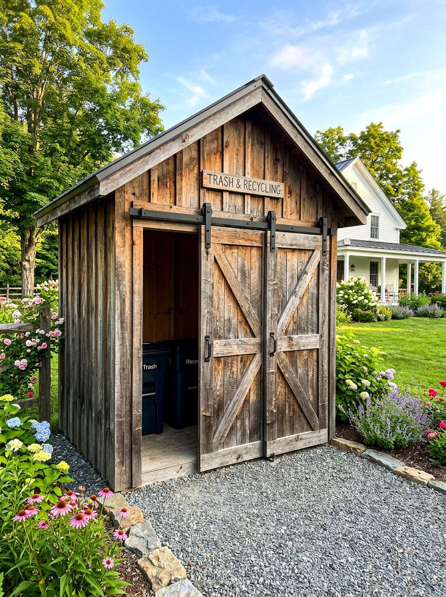 Barn door trash shed - 30 trash can enclosure ideas