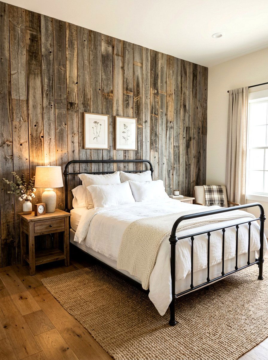 Barn wood accent wall - 30 farmhouse bedroom ideas