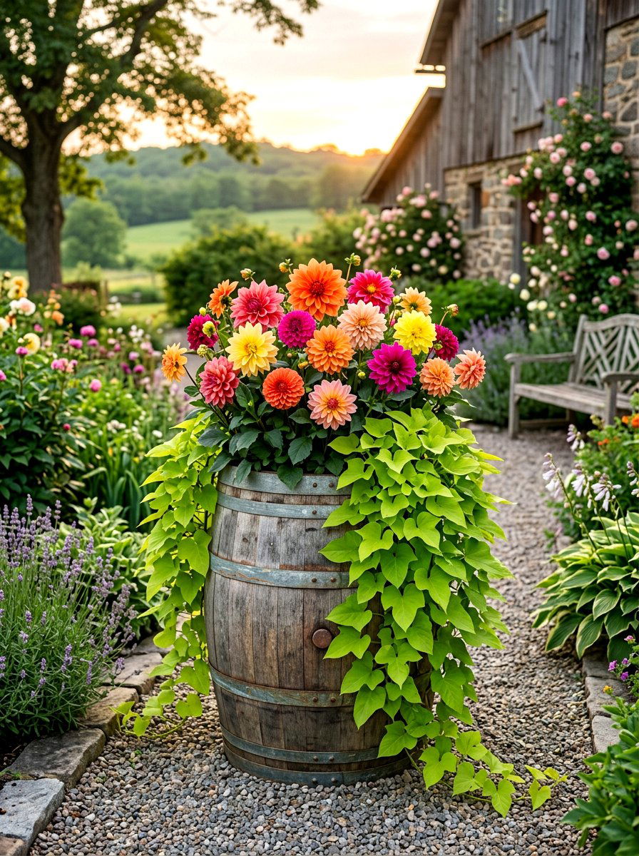Barrel Garden Planter - 30 small flower bed ideas