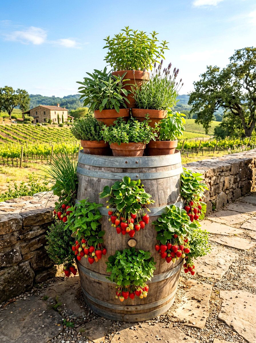 Barrel Tiered Herb Garden - 30 strawberry tower ideas