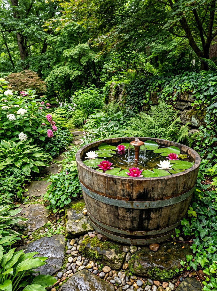 Barrel Water Feature - 30 repurposed garden decor ideas