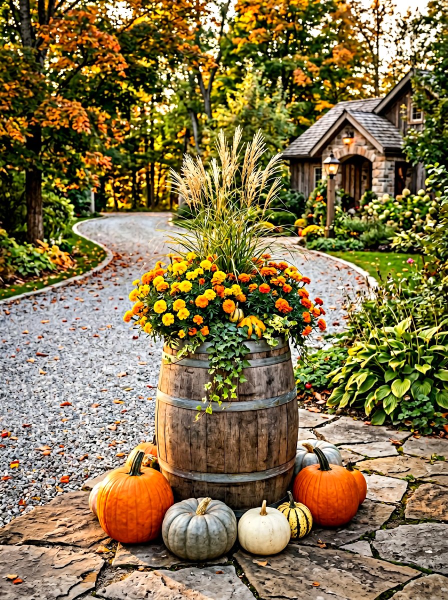 Barrel planter with marigolds and pumpkins - 30 autumn planter ideas