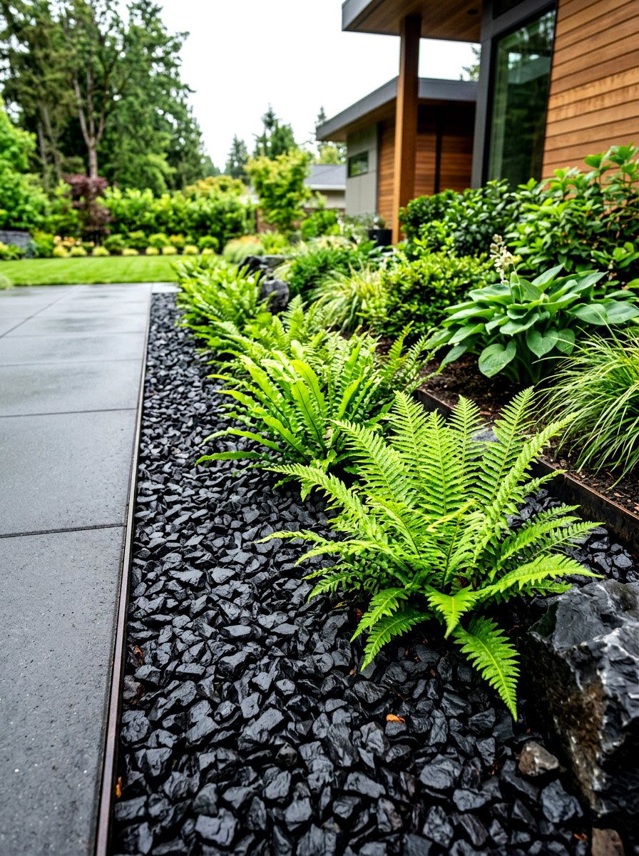 Basalt rock landscape border - 30 stone mulch border ideas