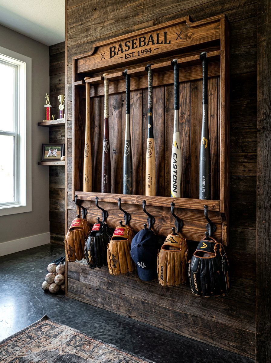 Baseball Bat and Glove Holder - 30 garage sports equipment storage ideas