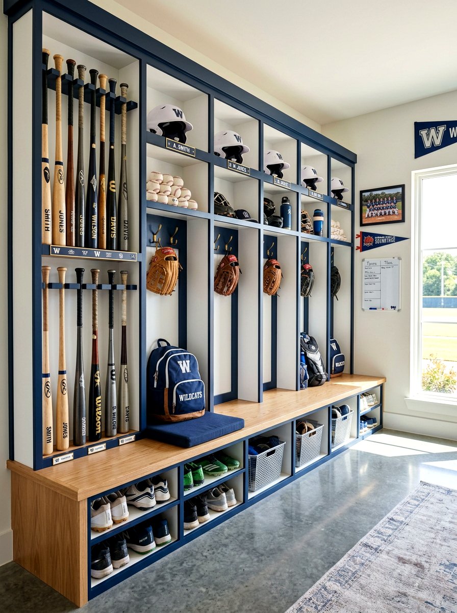 Baseball gear organizational unit - 30 sports gear mudroom ideas