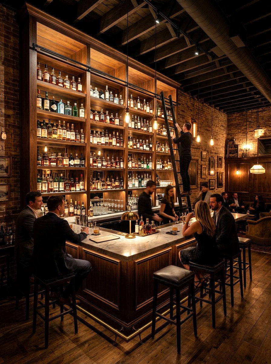 Basement bar high shelving - 30 library ladder ideas