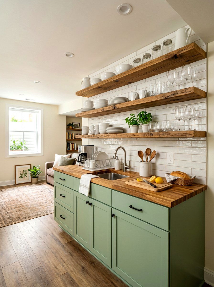 Basement kitchenette open shelving - 30 basement kitchenette ideas