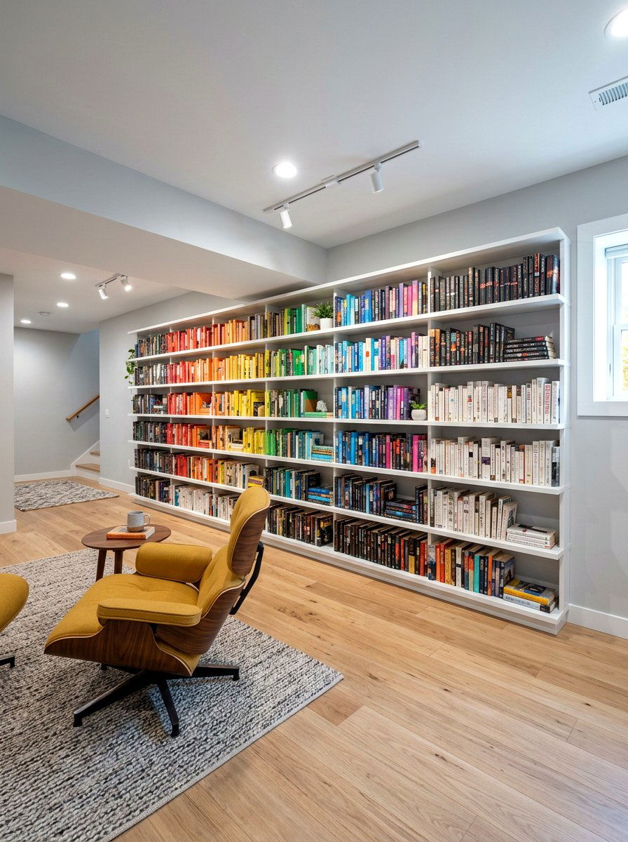 Basement wall bookshelf - 30 basement reading nook ideas