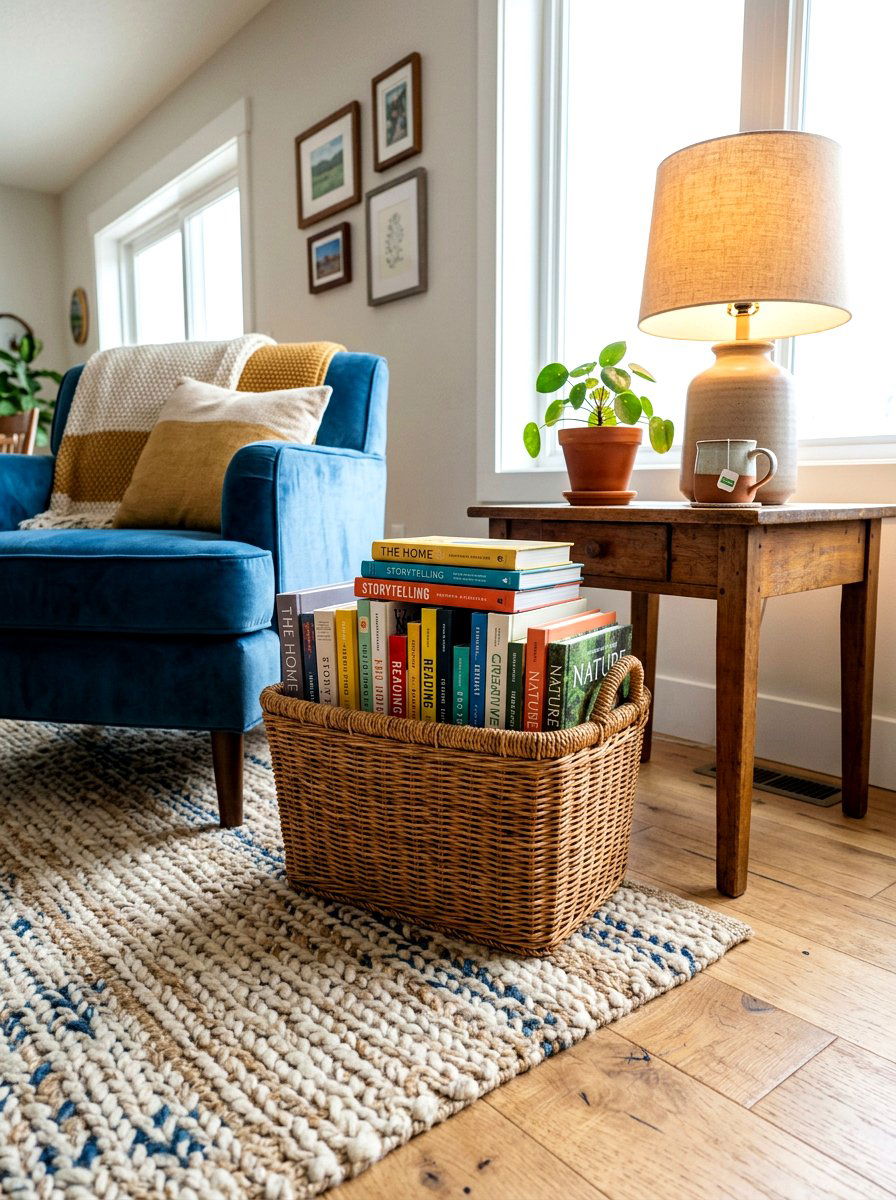 Basket Book Storage - 30 stacked books decor ideas