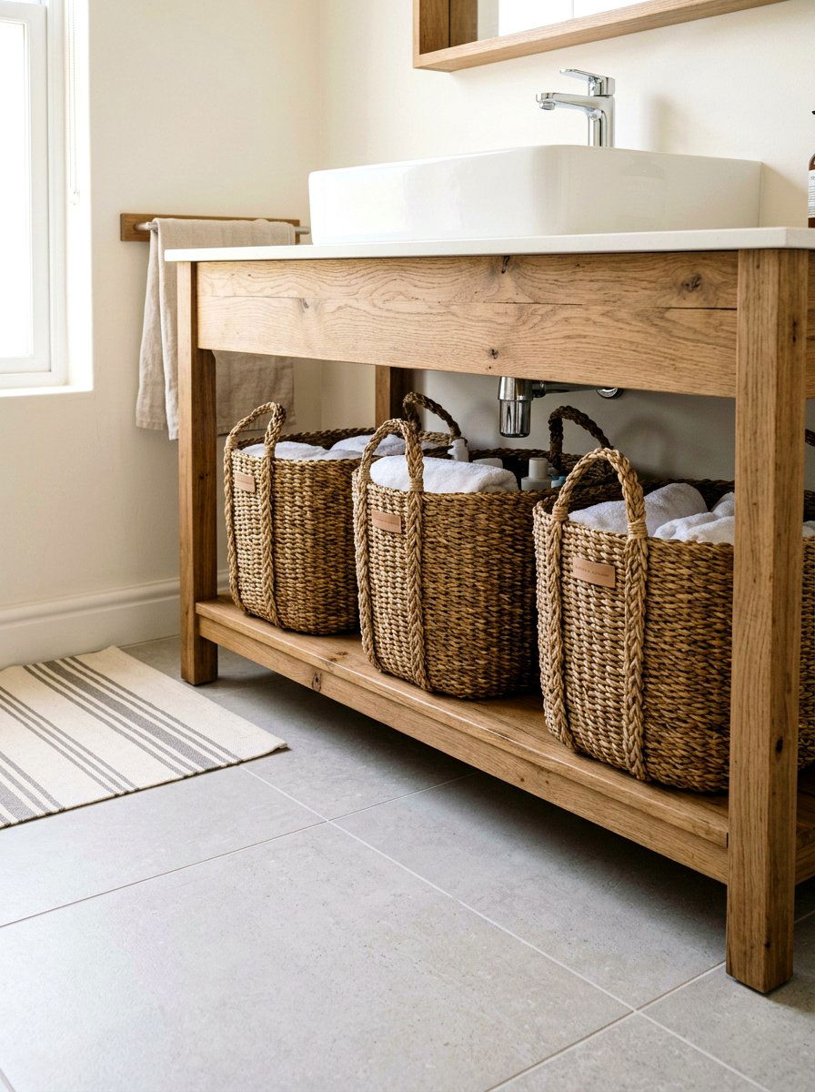 Basket Storage Under Vanity - 30 tiny apartment bathroom ideas