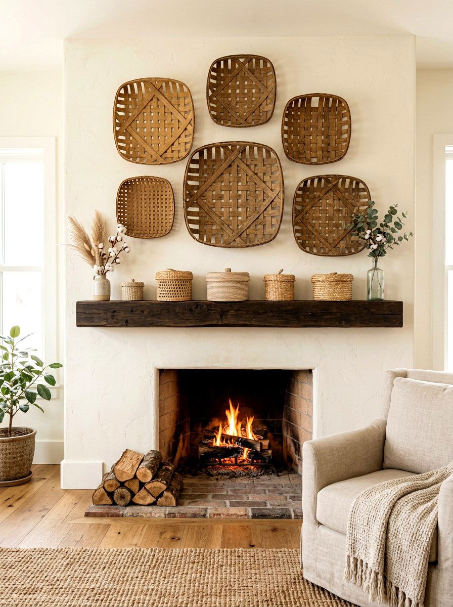 Basket mantel - 30 summer mantel decor ideas