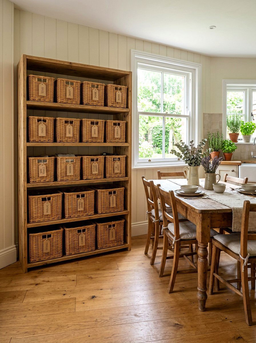 Basket storage shelf - 30 tiny kitchen open shelf ideas
