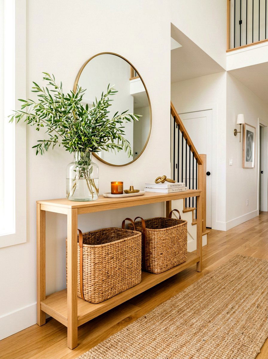 Basket under console table - 30 hallway console styling ideas