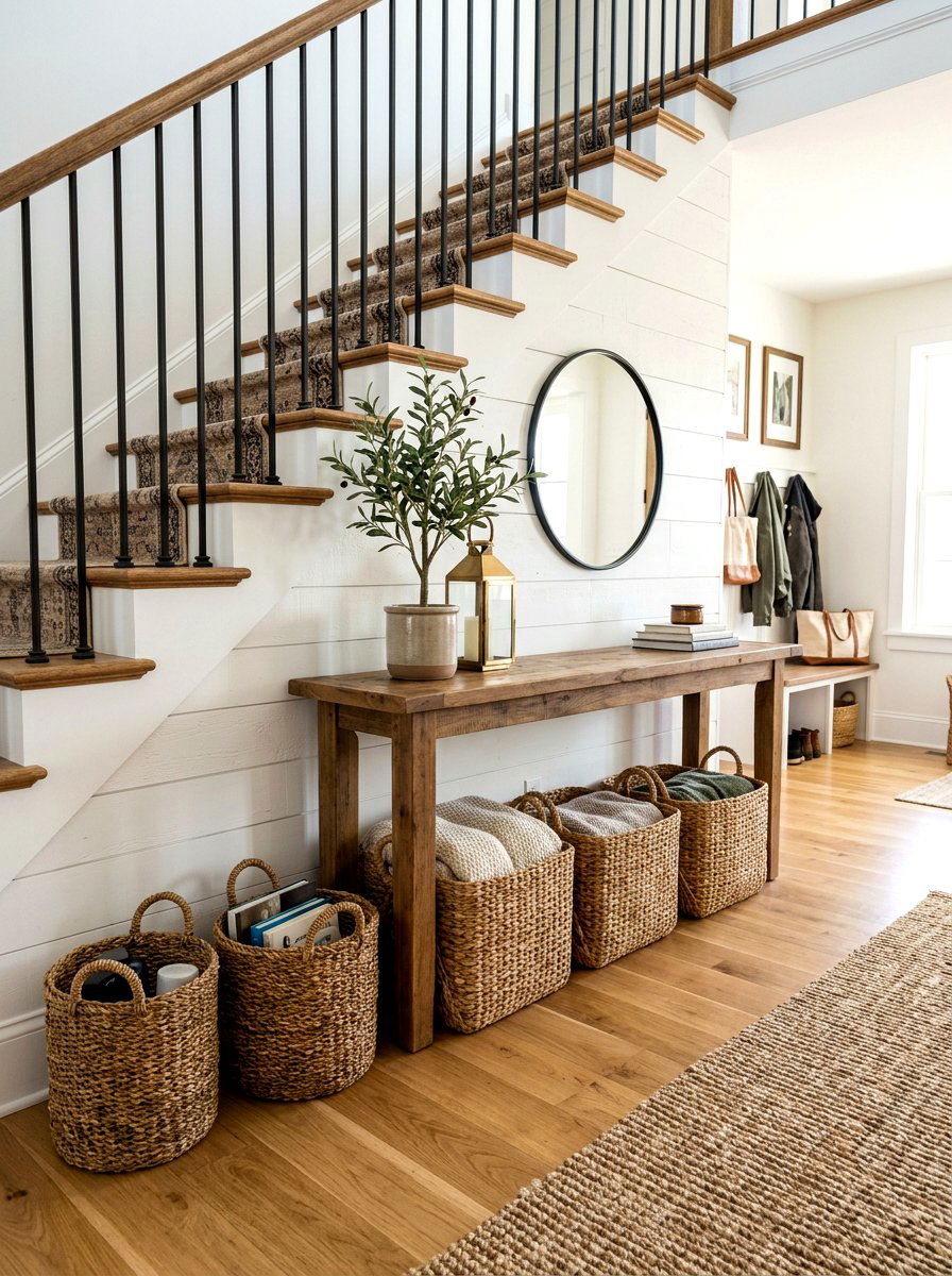 Baskets Under Console Behind Stairs - 30 console behind stairs ideas