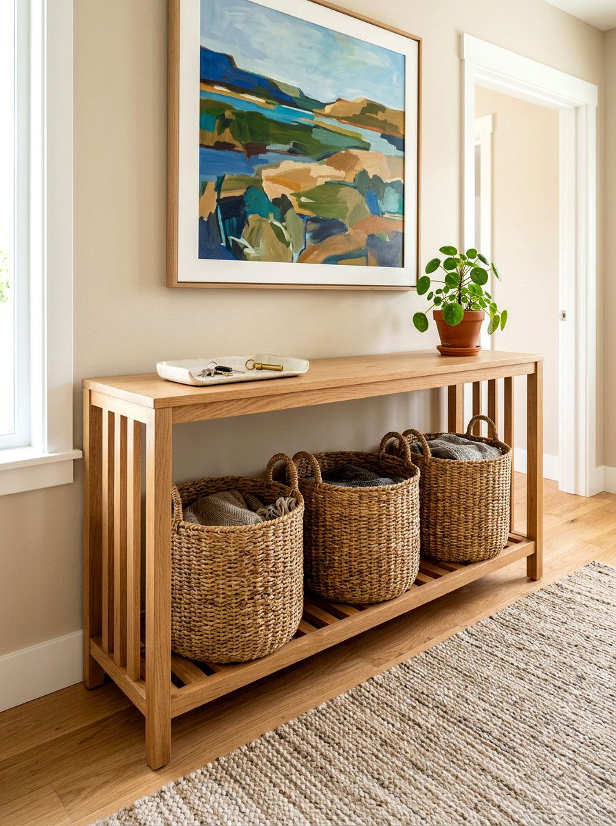 Baskets Under Console Table - 30 console table entry ideas