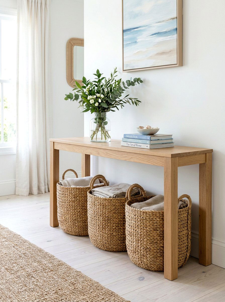 Baskets Under Console Table - 30 console styling ideas