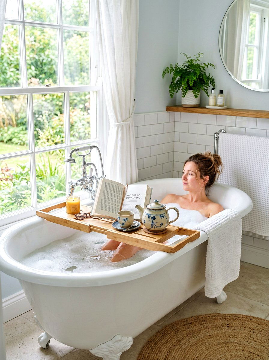 Bath tray with book and tea - 30 tub tray styling ideas