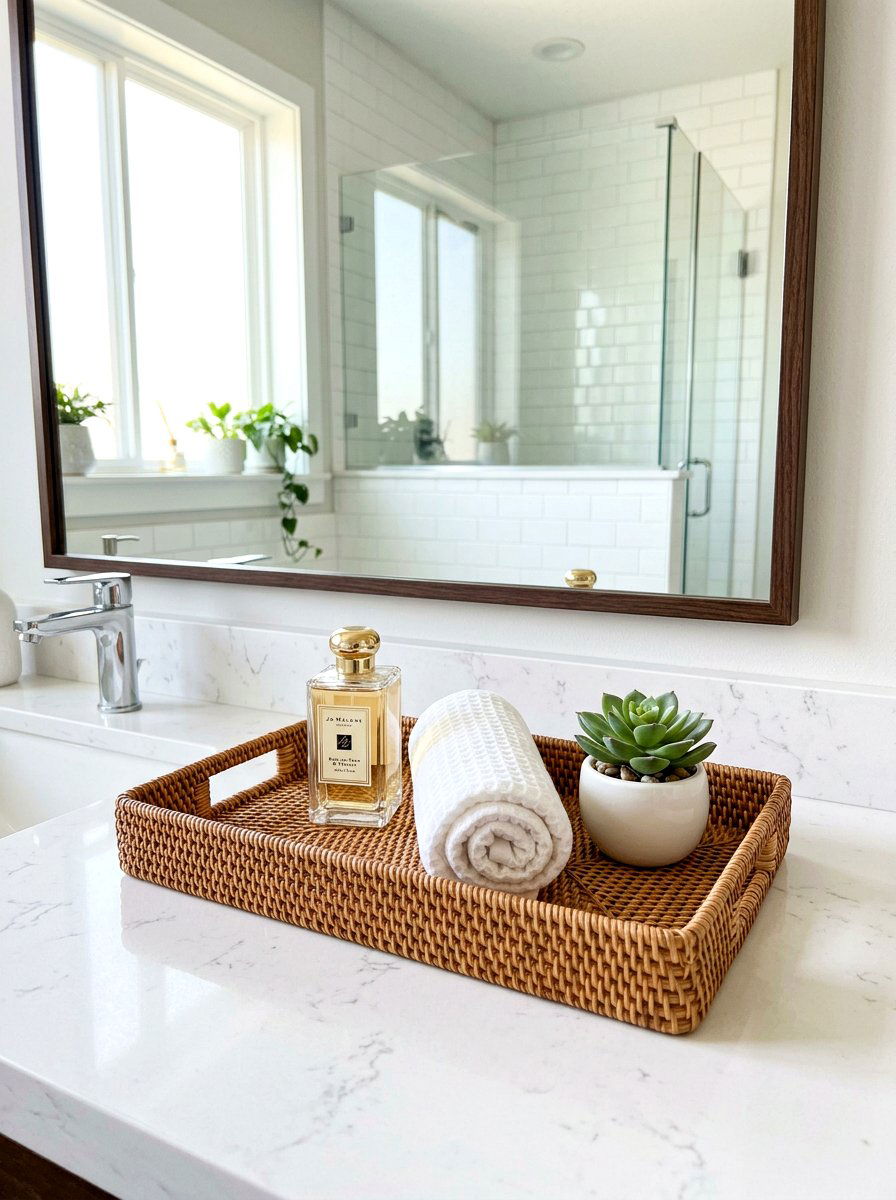 Bathroom Vanity Woven Organizer - 30 woven tray decor ideas