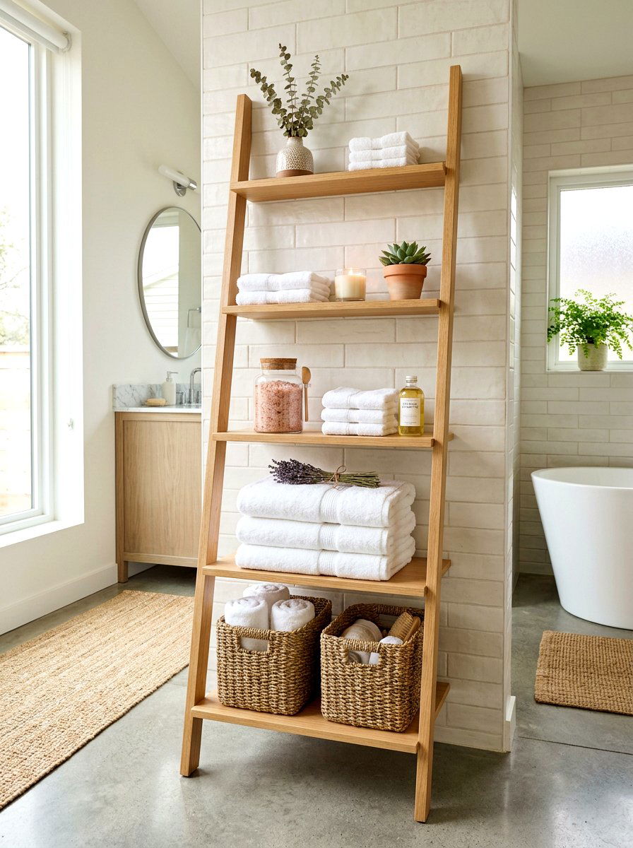 Bathroom ladder shelf - 30 minimalist shelf styling ideas