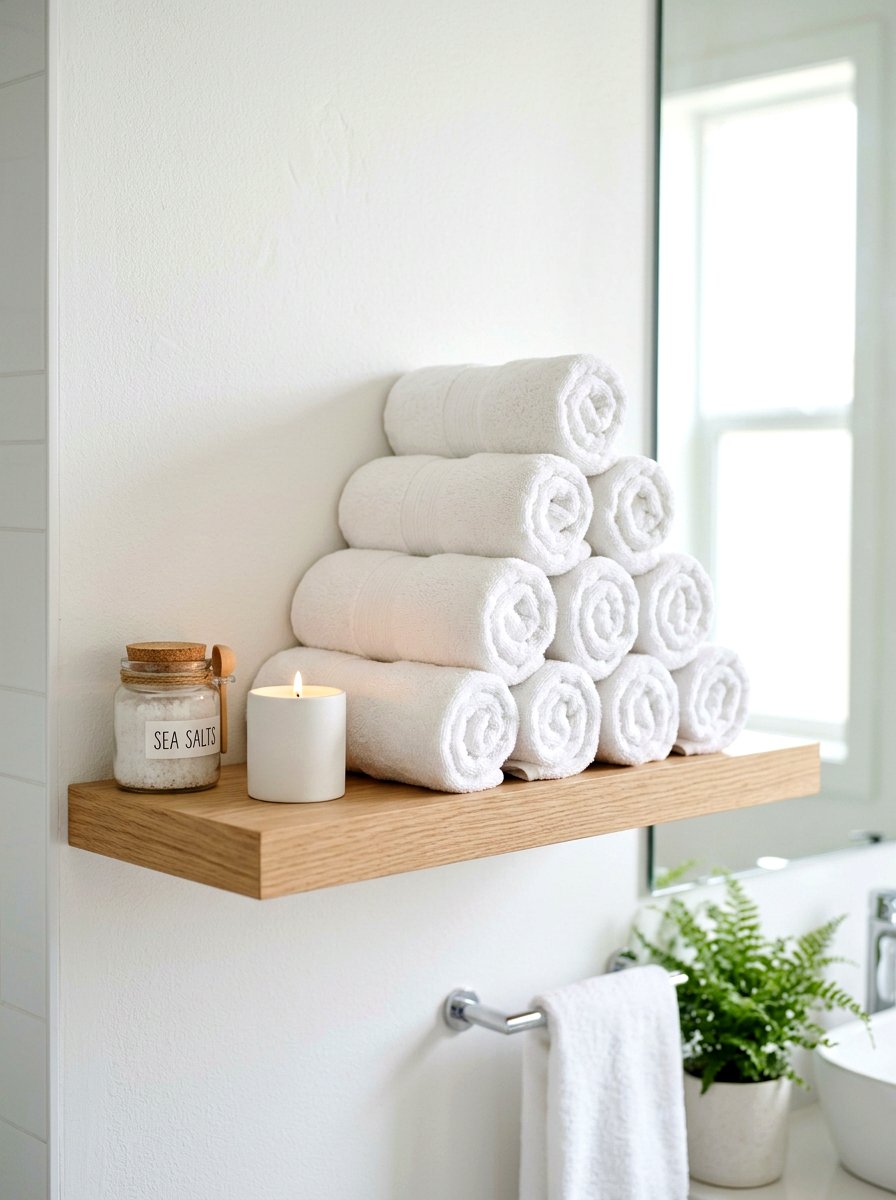 Bathroom towel shelf - 30 open cabinet styling ideas