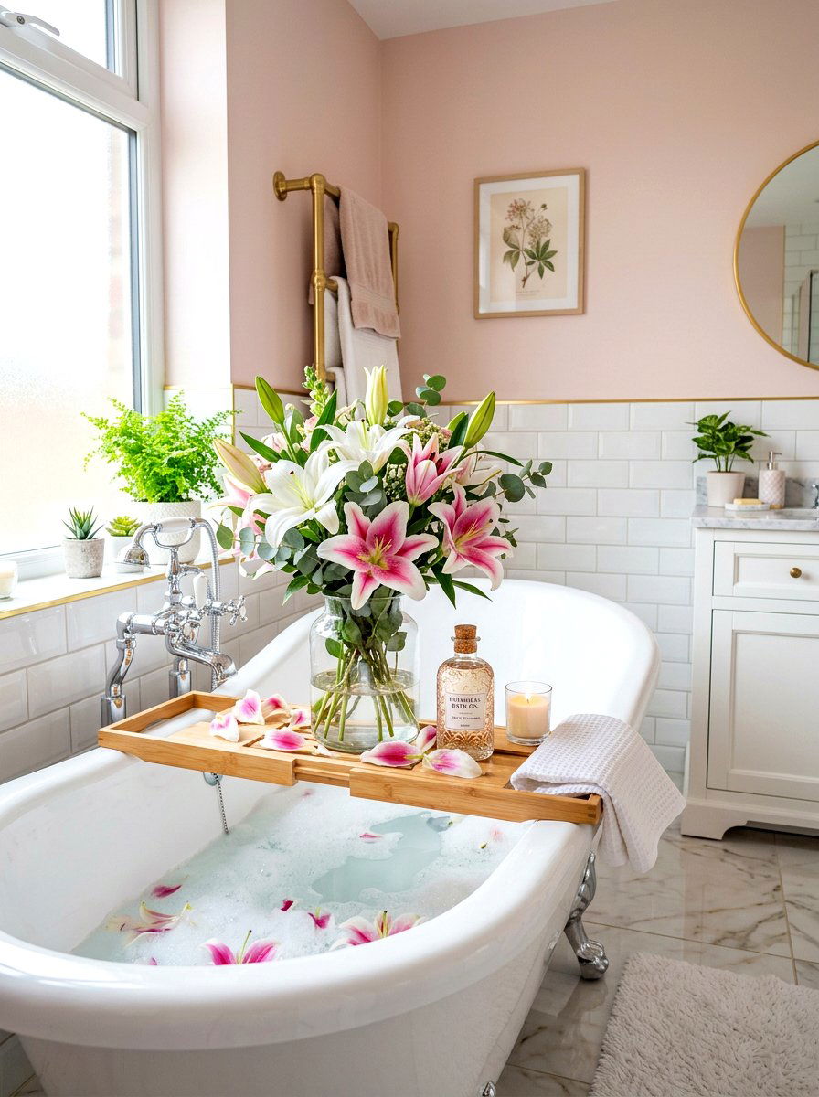Bathtub tray with fresh flowers - 30 tub tray styling ideas