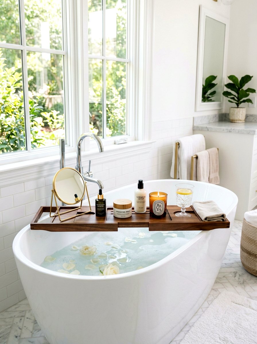 Bathtub tray with skin care - 30 tub tray styling ideas
